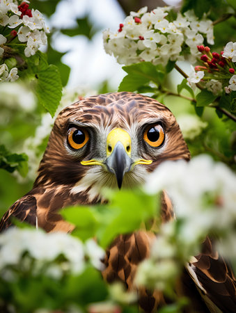 Portrait of a red-shouldered hawk (Buteo jamaicensis) in the spring cherry blossoms.の素材