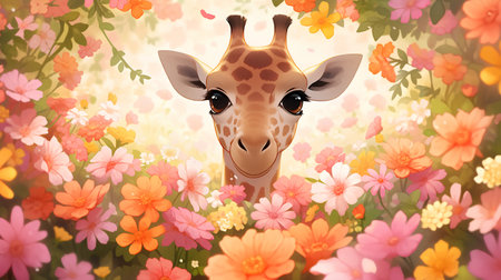 Giraffe and flowers. Floral background. Vector illustration.の素材