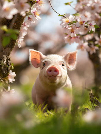 Cute little piglet in blooming spring garden. Animal in blossoming cherry tree.