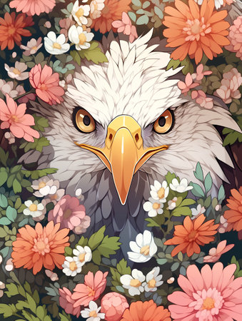 Seamless pattern with a head of a bald eagle and flowersの素材