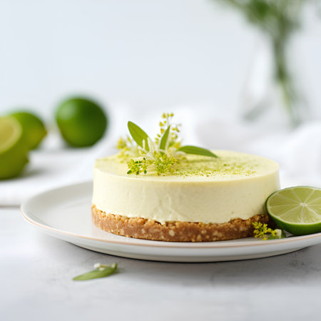 Lemon cheesecake with lime and mint on a white background.の素材