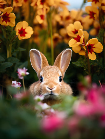 Cute little rabbit in blooming flower garden. Easter bunny.の素材
