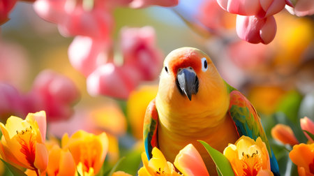 Beautiful colorful parrot on tulip flower background, closeupの素材