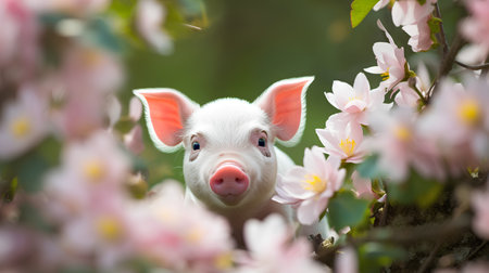 Cute little pig on a background of pink magnolia flowers.の素材