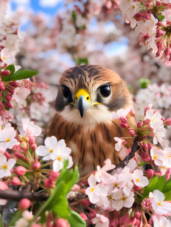 Red-footed kestrel (Falco tinnunculus) on cherry blossoms backgroundの素材