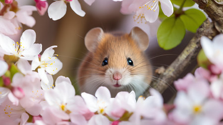 Hamster on the background of a blossoming branch of sakuraの素材
