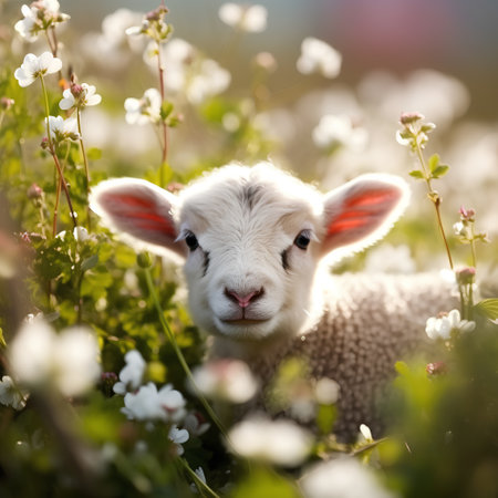 Cute little lamb in the meadow with flowers. Selective focus.の素材