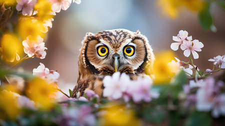 Beautiful portrait of a young owl on a background of spring flowersの素材