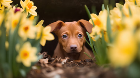 Adorable Rhodesian Ridgeback puppy looking at the camera in spring flowersの素材