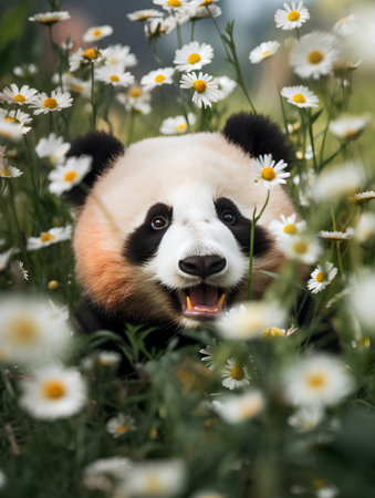 Cute panda bear in chamomile flower meadowの素材