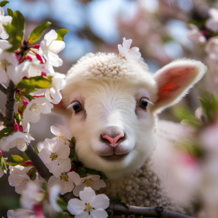 Cute little lamb in blooming cherry tree. Spring time.の素材