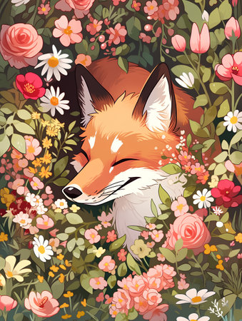 Cute fox in flowers seamless pattern. Vector illustration for your designの素材