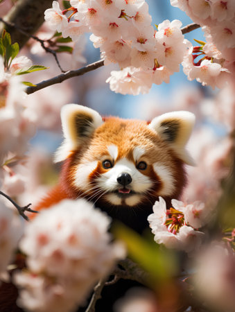 Red panda bear on the background of blooming sakura.の素材