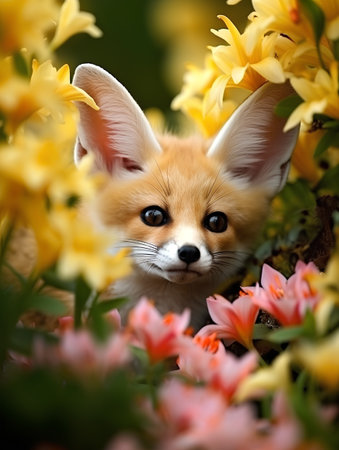 Red fox in the garden with flowers and yellow lily, shallow depth of fieldの素材