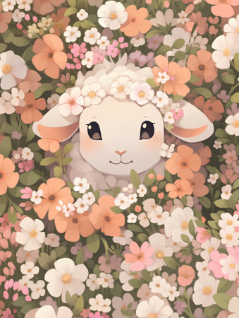 Cute sheep among flowers and leaves. Vector illustration in cartoon style.の素材