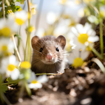 Cute little hamster in spring meadow with daisiesの素材