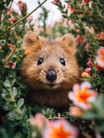 Cute little weasel sitting in a flower garden. Animal portraitの素材