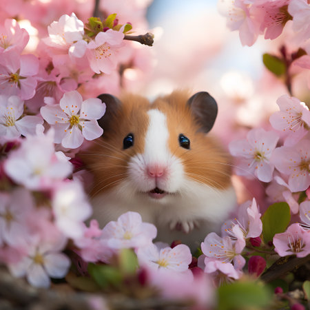 Cute hamster in a basket with pink cherry blossoms.の素材