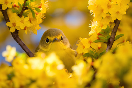 Yellow-headed Bulbul (Pycnonotus caeruleus) on a branch of cherry blossomsの素材