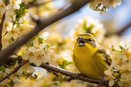 A yellow canary bird on a branch of cherry blossoms.の素材