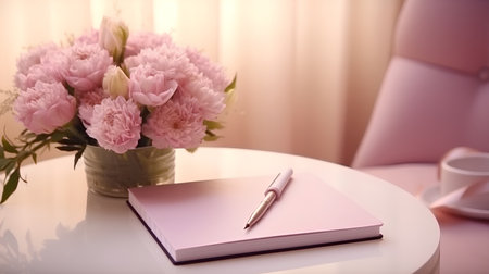 Notebook with pen and bouquet of pink flowers on the tableの素材
