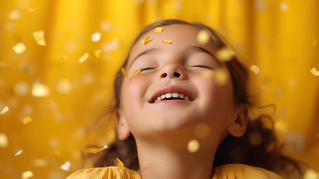 Little girl with golden confetti on yellow background, close-upの素材