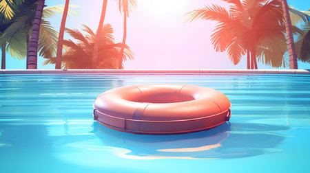 Red inflatable ring in swimming pool with palm trees at sunset. 3d renderingの素材