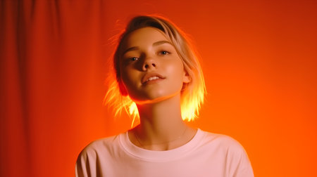 Portrait of young beautiful woman on orange background. Studio shot.の素材