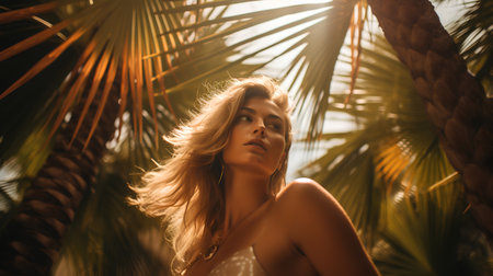 Beautiful young woman with long hair posing among palm trees at sunsetの素材