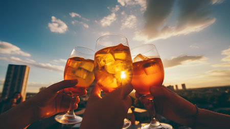 Close up of hands holding glasses of champagne with ice cubes on rooftop partyの素材