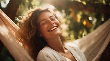 Happy young woman relaxing in hammock in summer forest. Smiling girl relaxing on hammock.の素材