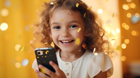 Little girl with a mobile phone on a yellow background. Happy childhood.の素材
