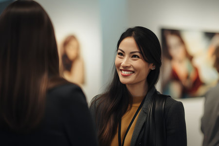 Young Asian woman looking at a painting in art gallery, smiling.の素材