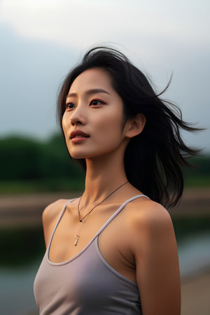 Portrait of a young beautiful asian woman in sportswearの素材