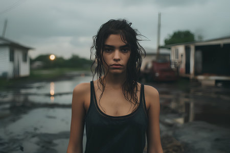 young beautiful sad and depressed latin woman in black sleeveless T-shirt with wet hair standing in front of abandoned train station looking desperate and wasted suffering depressionの素材