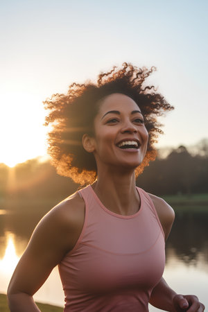 Smiling african american woman with afro hairstyle in sportswear looking at camera while standing outdoors at sunriseの素材