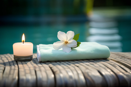 Spa massage setting with candle and towel on swimming pool background.の素材