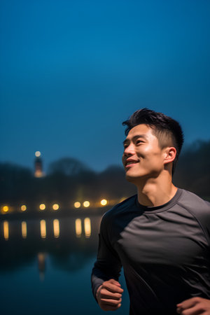 young man jogging in the city at night with a river in the backgroundの素材