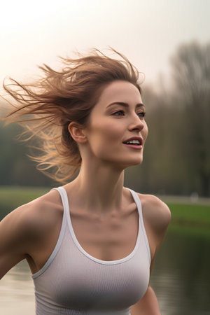 Portrait of a beautiful young woman running in the park. Healthy lifestyle concept.の素材