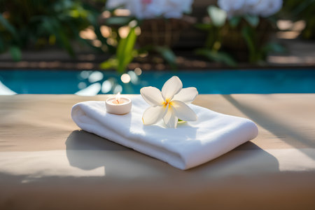 Spa setting with white towel, flower and candle on the tableの素材