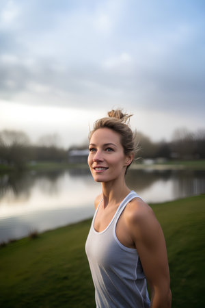 Young beautiful woman in sportswear smiling at camera while standing in front of a lakeの素材