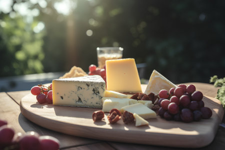 Cheese plate with grapes, nuts and honey on wooden table in gardenの素材