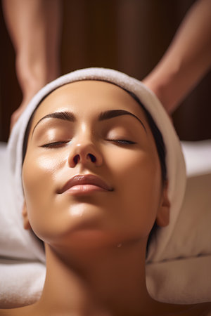 Young woman getting facial massage in spa salon. Beauty treatment concept.の素材