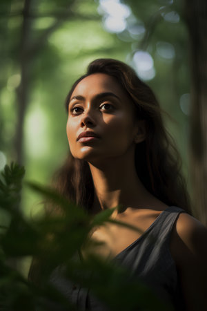 Portrait of a beautiful young woman in the forest. Beauty, fashion.の素材