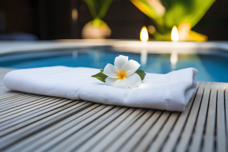 White towel with flower on the edge of a swimming pool in a spa resortの素材