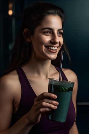 smiling sportswoman holding glass of green smoothie in gymの素材