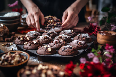 Chocolate muffins with hazelnuts and chocolate chips on a wooden tableの素材