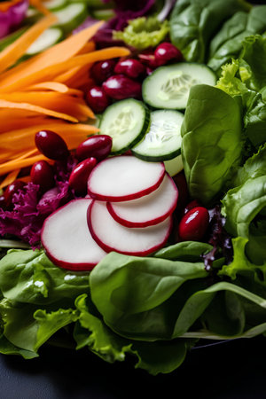 Healthy vegetable salad with radish, cucumber, lettuce, carrot, onion, beetroot and red beans on black backgroundの素材