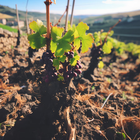 Vineyards in autumn harvest. Ripe red wine grapes on vineyard.の素材