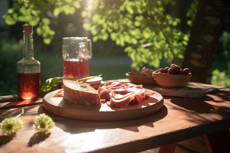 Italian prosciutto crudo or jamon and olive oil on a wooden boardの素材